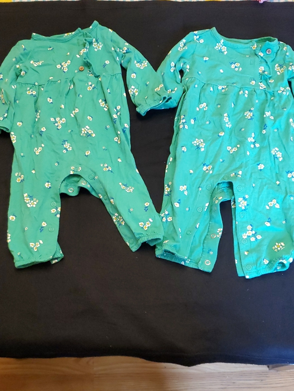 Two (Twin) 6 Months Carter's Green Floral Long-Sleeve Rompers